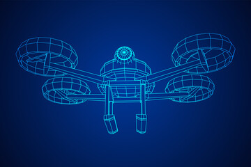 Remote aerial drone with a camera taking photography or video recording or deliver something. Wireframe low poly mesh vector illustration