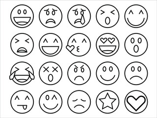 linear emoji icons, black white mono line design,  emoticon vector