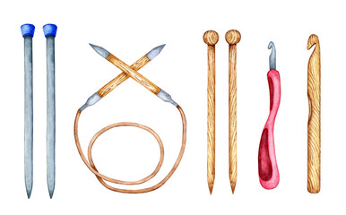 Watercolor illustration of a set of knitting needles and crochet hooks. Wooden, metal and circular knitting needles. DIY tools for needlework, creativity. Isolated over white background. Drawn by hand