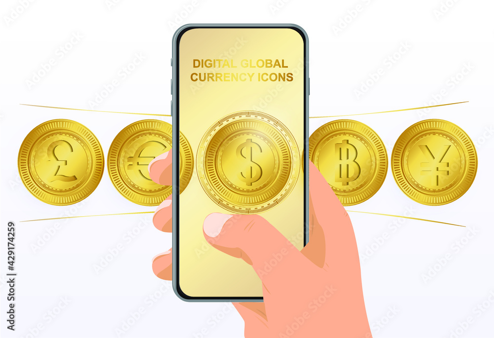 Poster digital global currency icons.phone in hand with currency. scroll, select a currency on your phone. 