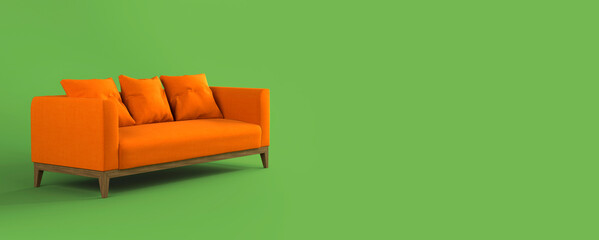 Modern scandinavian bright orange fabric sofa with soft pillows on wooden legs on green background flat lay side view. Furniture, single piece of interior object. Stylish trendy couch