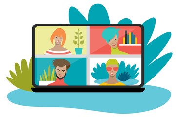 Video conferencing at home, people having video call meeting with friends. Vector cartoon illustration.