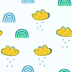 Obraz premium Cute geometric pattern. Hand drawn rainbow doodle vector seamless background in bright trend 2021 colors. Summer design.