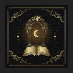 Ancient books with gates and crescent moons in engraving, hand drawn, luxury, esoteric, boho style, fit for paranormal, tarot reader, astrologer or tattoo - obrazy, fototapety, plakaty