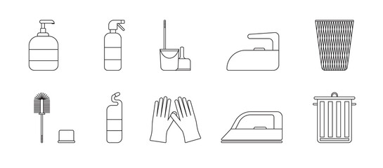 A set of cleaning equipment - buckets, brushes, gels, gloves. Black and white icon. Vector Illustration