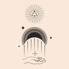 Hand drawn card of mystical Sun with woman`s face, moon, hand, star in line art. Spiritual symbol celestial space. Magic talisman, antique style, boho, tattoo. Astrology, astronomy vector illustration