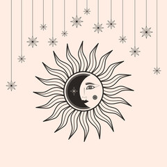 Hand drawn vector of mystical Sun with woman`s face, Moon, star in line art. Spiritual symbol celestial space. Magic talisman, antique style, vintage, boho, tattoo. Astrology, astronomy illustration
