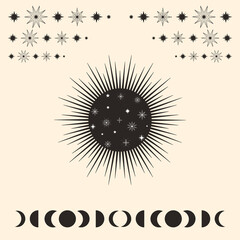 Hand drawn vector of mystical Sun with Moon, stars in line art. Spiritual symbol celestial space. Magic talisman, antique style, vintage, boho, tattoo, logo. Astrology, astronomy sketch illustration