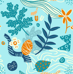 Fototapeta na wymiar Seamless leaves pattern drawn on light blue background for decoration and textile. Hand drawing illustration with vintage look.
