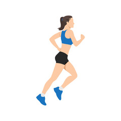 Fototapeta na wymiar Muscular adult woman running or jogging. Workout excercise. Marathon athlete doing sprint outdoor - Simple flat vector illustration.