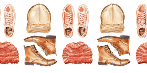 A set of watercolor seamless borders with various things and accessories for men's wardrobe