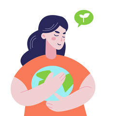 Woman embraces green planet Earth with care and love. World Environment Day and Earth Day. Protecting nature ecology concept. Vector illustration