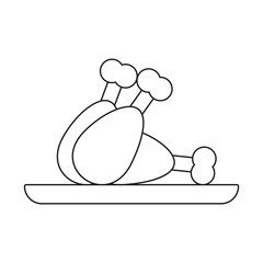 Plate with cooked chicken legs, black and white icon. Vector Illustration
