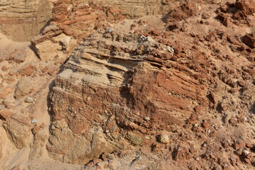Land structure in open pit mining. Ground background in quarry. Rock texture during earthworks. Sand background and Earth's crust.
