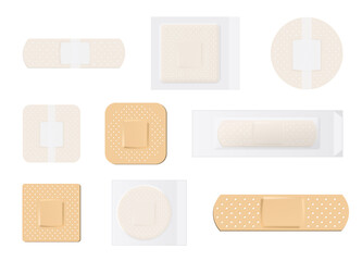 Creative vector illustration of adhesive bandage elastic medical plasters set isolated. Colorful Sanitary Adhesive Plasters