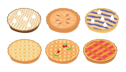Illustration vector flat cartoon isolated on white background of whole of pie set. Cherry, Blueberry, Pumpkin, Apple Whole Pies