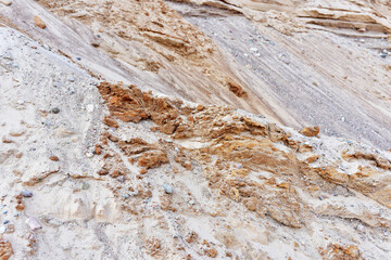 Land structure in open pit mining. Ground background in quarry. Rock texture during earthworks. Sand background and Earth's crust.
