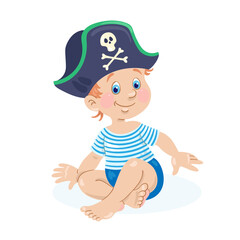 Cute little baby in a pirate costume. In cartoon style. Isolated on white background. Vector flat illustration