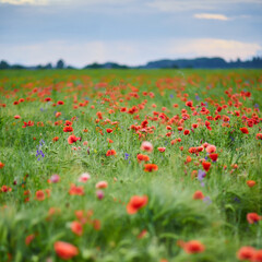 Red poppies in full blossom grow on the field. Blurred background