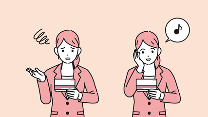 通帳を見て喜ぶ　困る　スーツ姿の女性　会社員　給料　金欠　支払い　イラスト素材