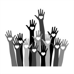 Volunteer concept with hands of different skin tones with heart in palms.