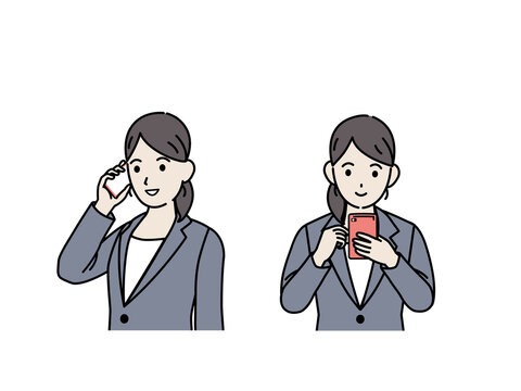 スマートフォンを使うスーツ姿の女性　携帯電話　会社員　上半身　イラスト素材