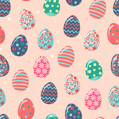 Hand drawn seamless pattern of cute Easter eggs with patterns, flowers, lines, polka dots, circles and hearts with stars. Colorful Happy Easter spring sketch illustration for wallpaper, wrapping paper