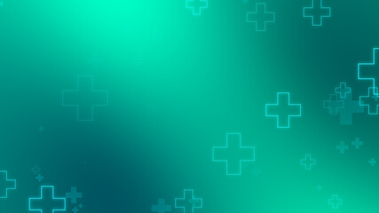 Medical health blue green cross neon light shapes pattern background. Abstract healthcare technology and science concept.