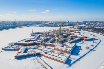 Peter and Paul Fortress in winter, Saint Petersburg, aerial view