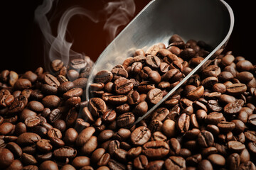 Pile of roasted coffee beans and scoop, closeup