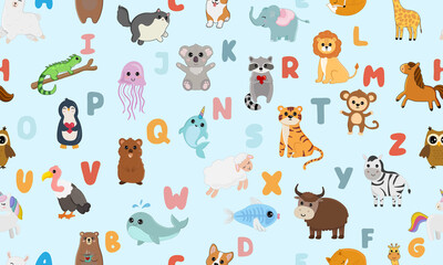 Obraz premium Seamless pattern with english alphabet with cute animals isolated on blue background. Vector illustration for teaching children learning a foreign language.