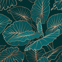 Urban jungle alocasia large green leaves with shiny golden outline. Seamless pattern texture on dark background. - 429181840