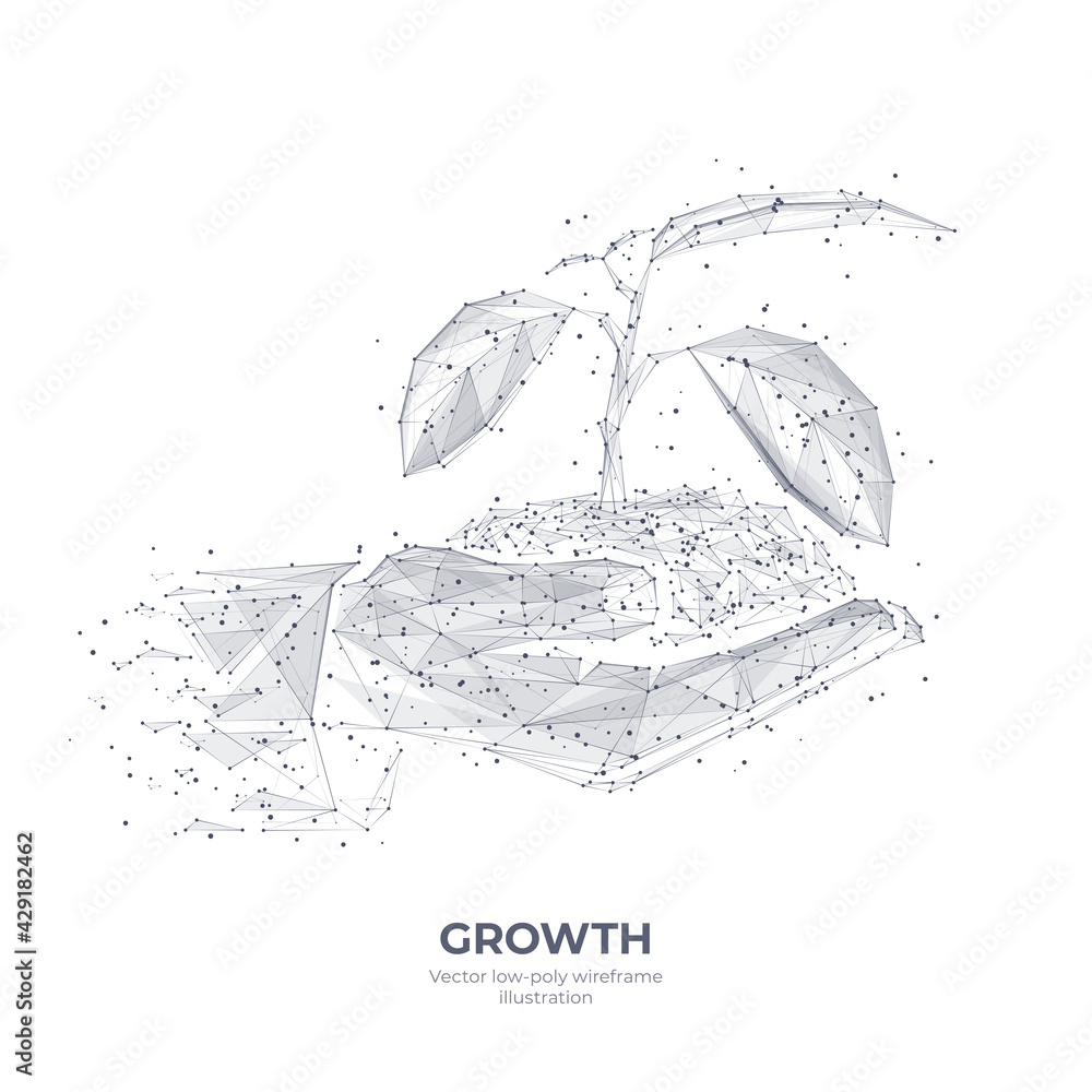 Aufkleber digital 3d hands holding soil with sprout. abstract sketch drawn wireframe of plant isolated in whit