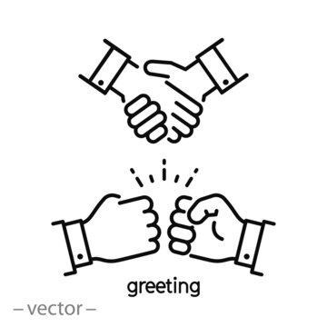 greeting fist instead handshake, icon, hello, bumps punch, hail salute,  thin line symbol on white background - editable stroke vector illustration eps10