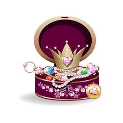Jewelry box with tiara, pearls, pink gems and key for a beautiful princess. Fairy tale vector illustration of princess jewels.