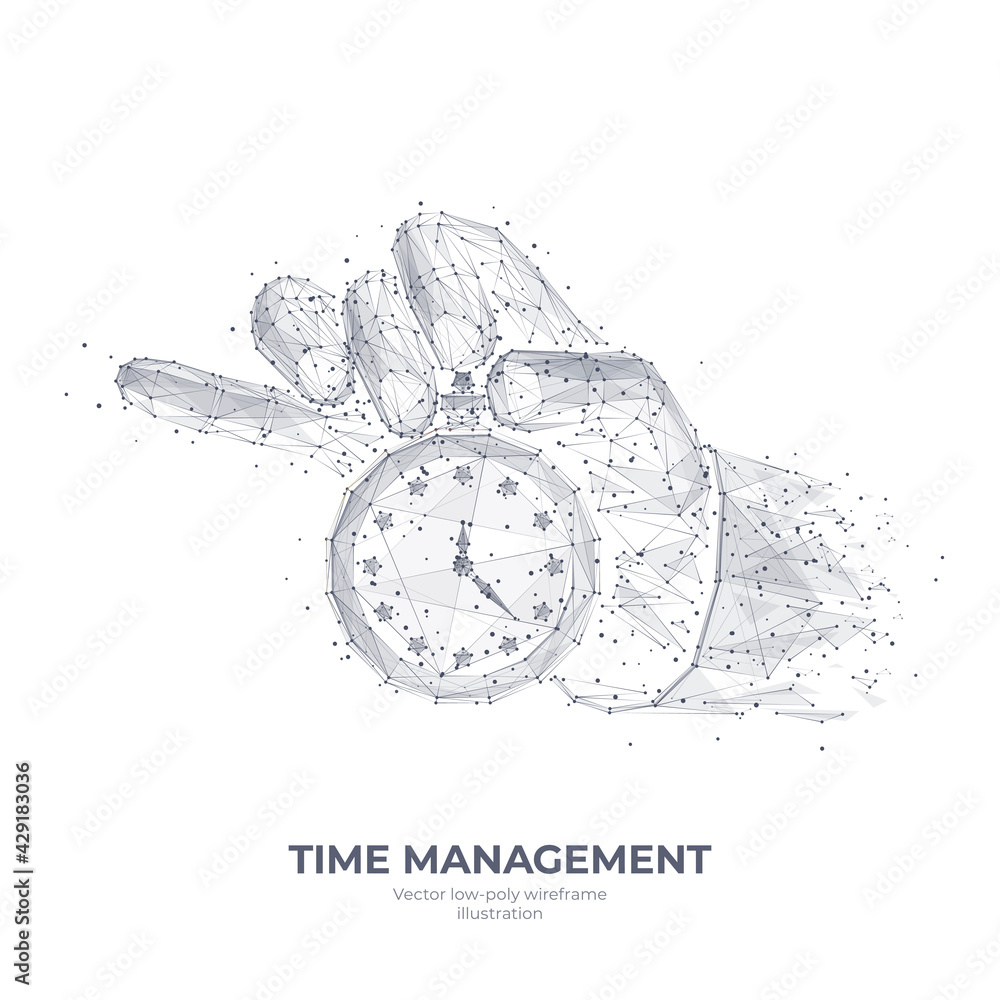 Fototapete 3d hand holding clock or stopwatch isolated in white. Time management, planning, life control or business concept. Abstract low poly mesh wireframe with connected dots. Digital vector sketch drawing