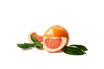 Grapefruit fruit with slices and leaves isolated on white background. Fresh citrus composition.