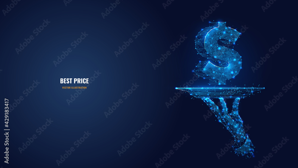 Poster digital 3d hand holding plate with dollar icon in dark blue. abstract dish and currency symbol. best