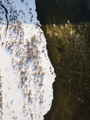 Aerial view of water and land.