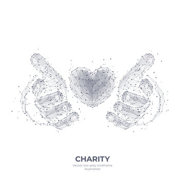 Abstract 3d human hands holding or giving heart symbol isolated in white. Charity, volunteering, social care concept. Digital low poly wireframe with dots, lines and triangles. Vector sketch drawing 