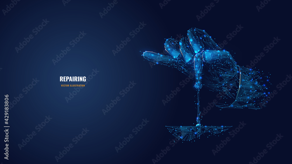 Poster abstract 3d hand holding screwdriver. repairing, technical service, mechanical process concept. digi