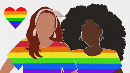 lesbian couple dressed in rainbow t-shirts. support for lgbt. human rights. poster, banner. flat illustration
