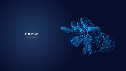 3d agents hand holding plate with keys. Digital vector illustration looks like starry sky. Real estate, rental, sale or investment concept. Abstract low poly wireframe with connected dots and lines 