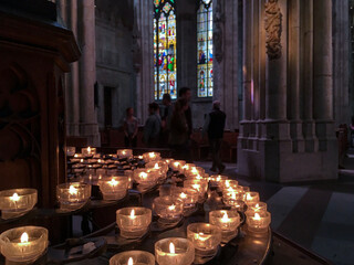 Clean minimalist Gothic interior style architecture inside Roman Catholic church or cathedral with...