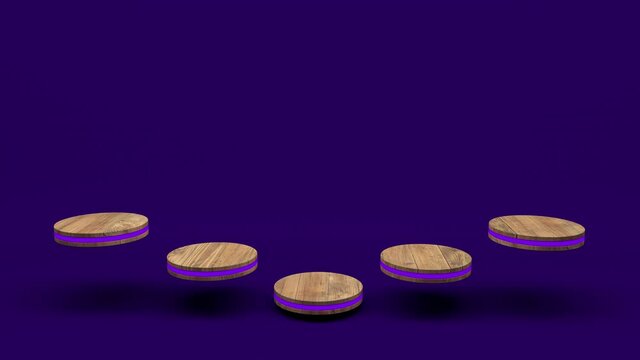 Wooden product stand futuristic or podium pedestal on empty display growing flashing light with puple backdrops. 3D rendering. seamless loop.