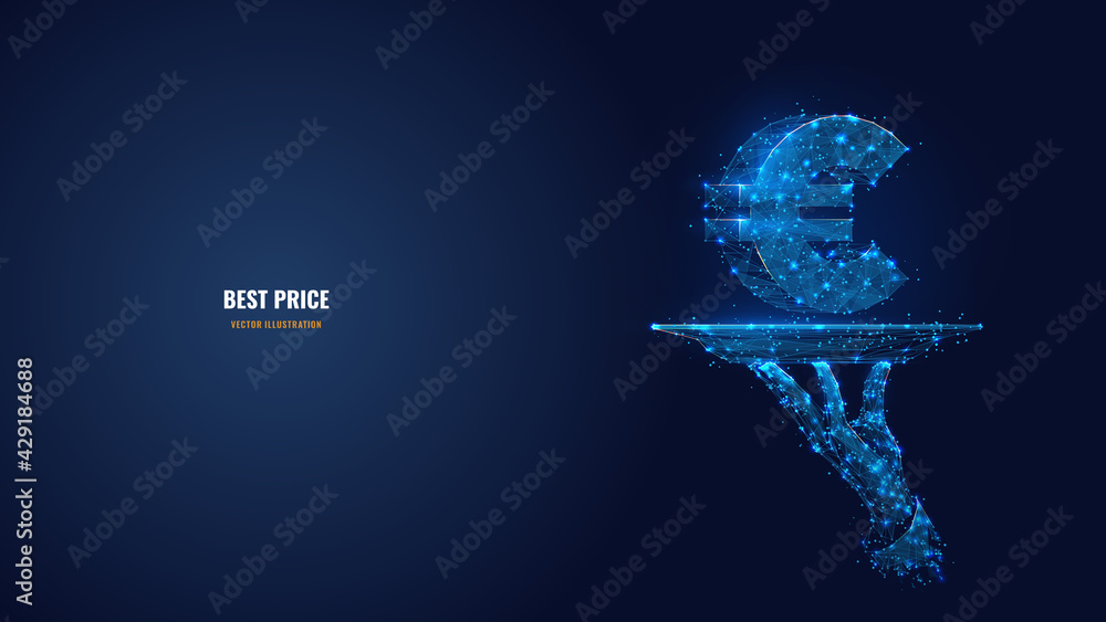 Poster abstract 3d hand holding plate with euro icon in dark blue. digital dish and currency symbol look li