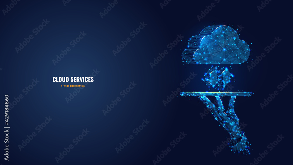 Poster Digital hand holding cloud with two arrows up and down in dark blue. Cloud services, technology, computing, data storage concept. Abstract vector low poly wireframe with dots, lines, shapes and stars 