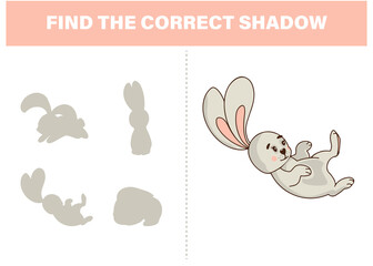 Fototapeta premium Find the correct shadow. Cute rabbit. Educational game for kids. Collection of children's games. Vector illustration in cartoon style