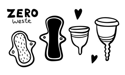 hand drawn menstrual set of design elements. Vector illustration. doodle period collection. women set with caps, pads, lettering. Eco zero weste concept