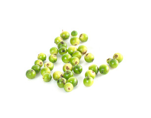 Spice, fresh green peppercorns on white background